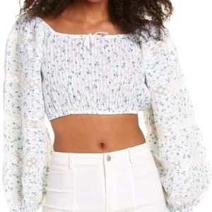 NEW LOVESHACKFANCY Bonnet Blue Albertina Balloon Sleeve Crop Top Sz Medium 0035